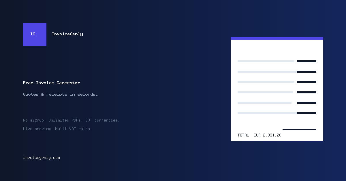 InvoiceGenly preview — clean PDF invoice with brand mark, line items and total
